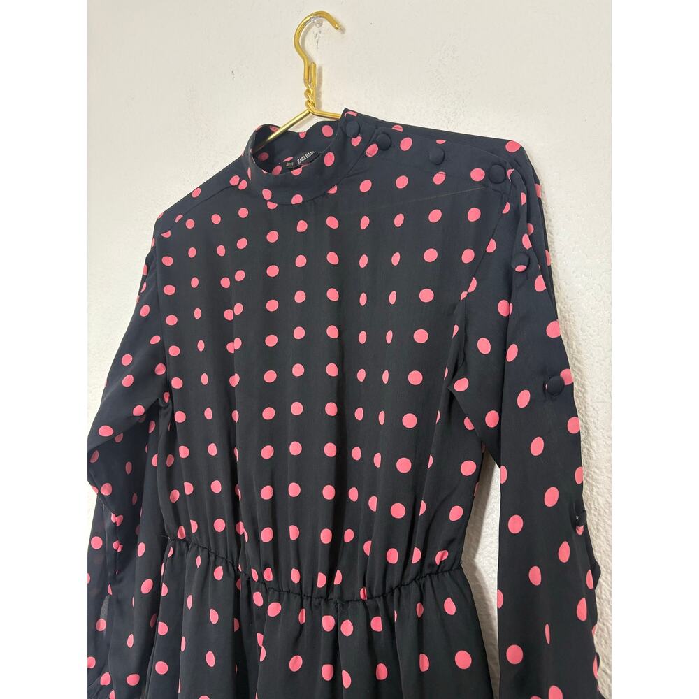 Zara Black Pink Polka Dot Long Sleeve Mini Dress Size XS Asymmetrical Button - Picture 7 of 14